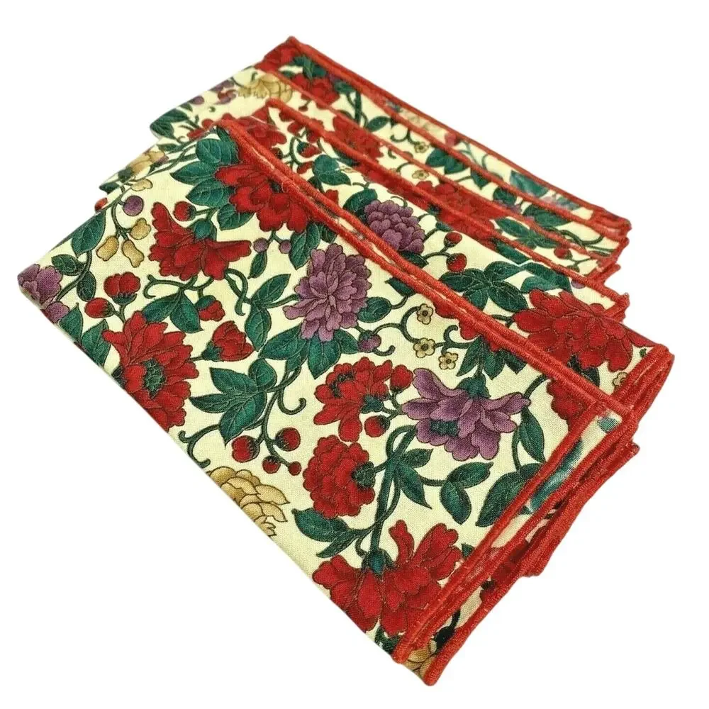 Vintage Fabric Napkins (5) 1980's Cocktail Dessert Sized Red Green Gold Floral